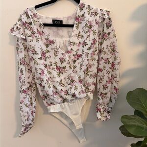 Vici White and Pink Floral Bodysuit